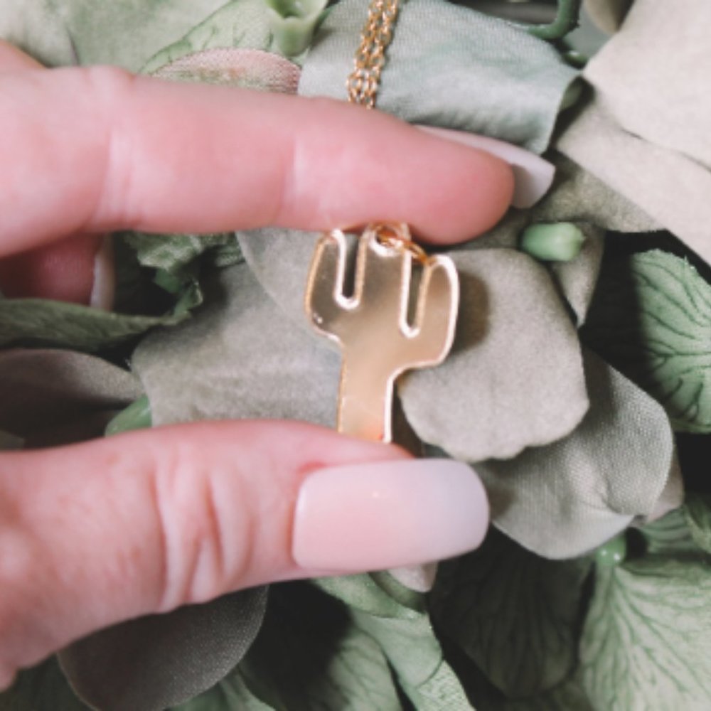 Cactus Necklace Gold Acrylic Pendant with 18 inch Gold Chain
